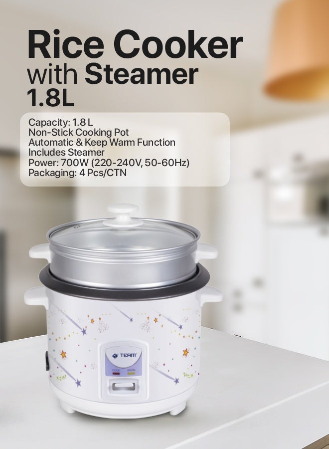 تيم TEAM Electric Rice Cooker with Steamer – 1.8L Non-Stick Pot | 700W | Automatic Cooking & Keep Warm | Multi-Functional Food Steamer |  White Design with Glass Lid - Image 2